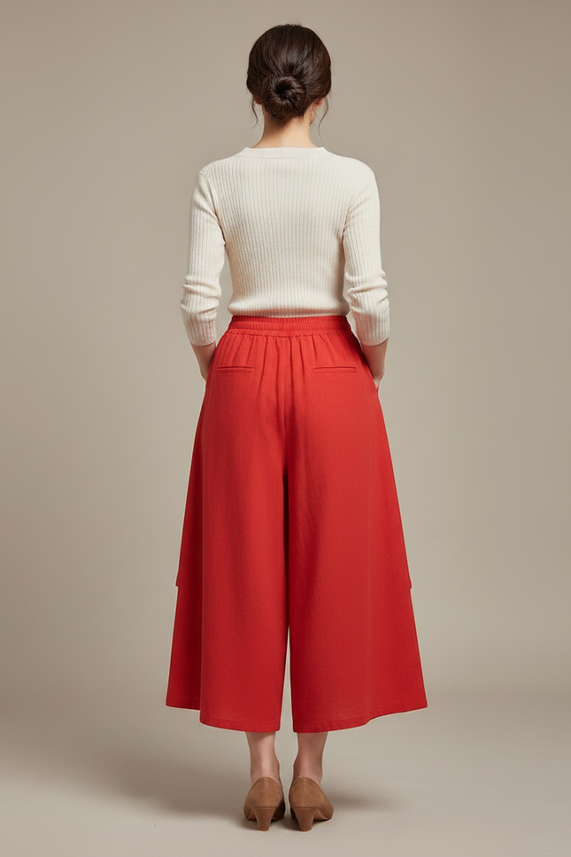 Pantalon Jupe Rouge Ample Lin Superposé Décontracté - vue 2