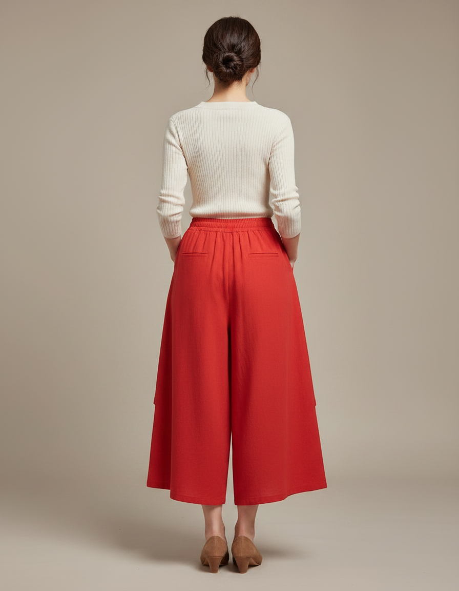 Pantalon Jupe Rouge Ample Lin Superposé Décontracté - vue 2