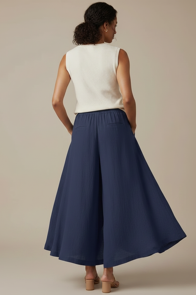 Pantalon Jupe Bleu Marine Ample Lin Fluide Superposé - vue 2