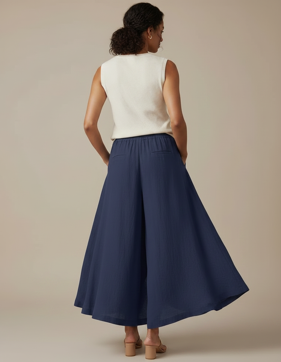 Pantalon Jupe Bleu Marine Ample Lin Fluide Superposé - vue 2