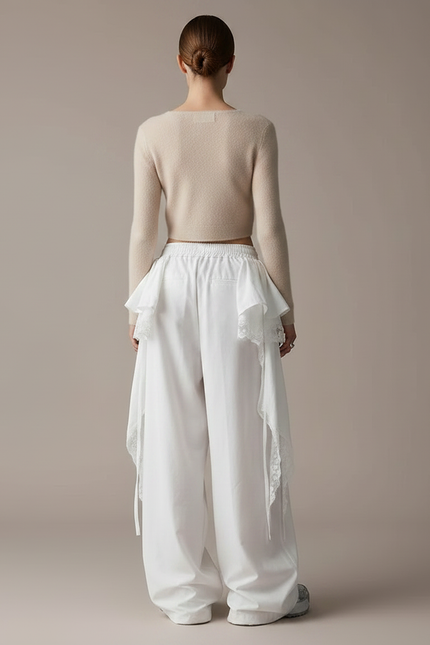 Pantalon Jupe Blanc Superposé Fluide Ample Décontracté Dentelle - Toile - vue 2