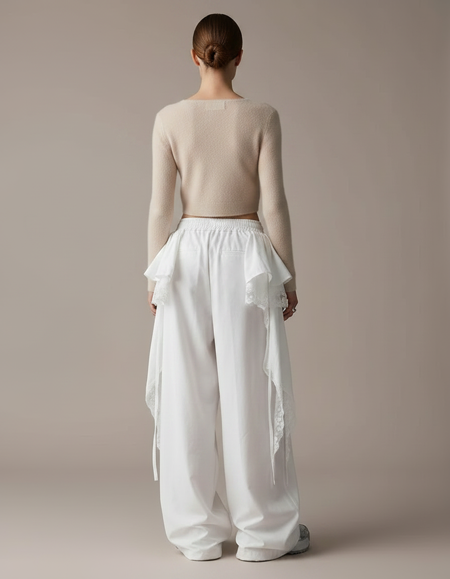 Pantalon Jupe Blanc Superposé Fluide Ample Décontracté Dentelle - Toile - vue 2