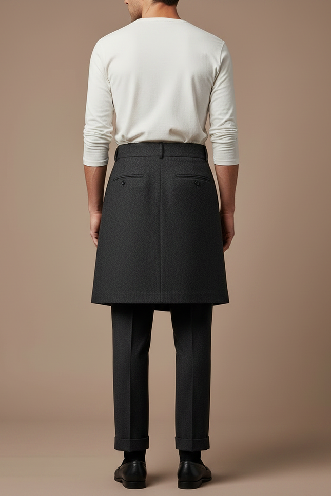Pantalon Jupe Gris Plissé Élégant Homme Moderne - Laine - vue 2