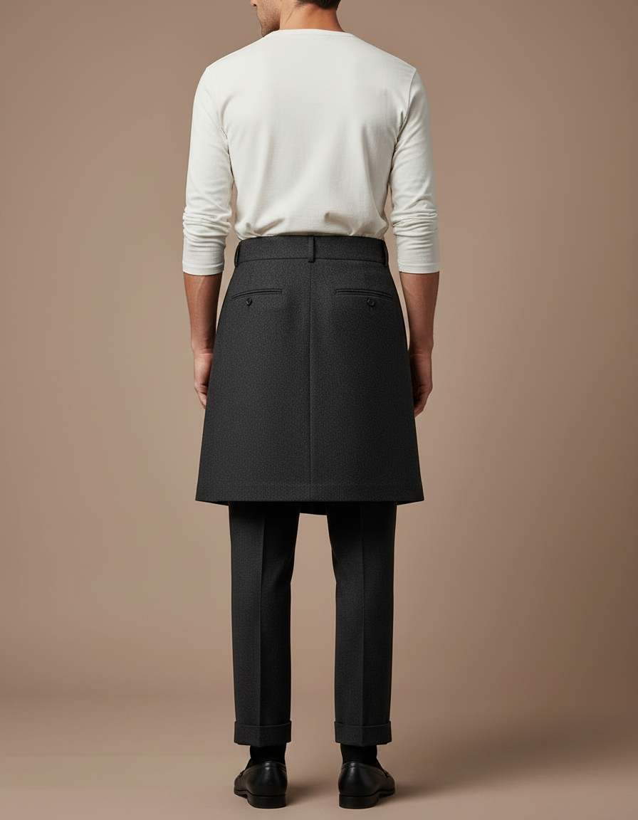 Pantalon Jupe Gris Plissé Élégant Homme Moderne - Laine - vue 2