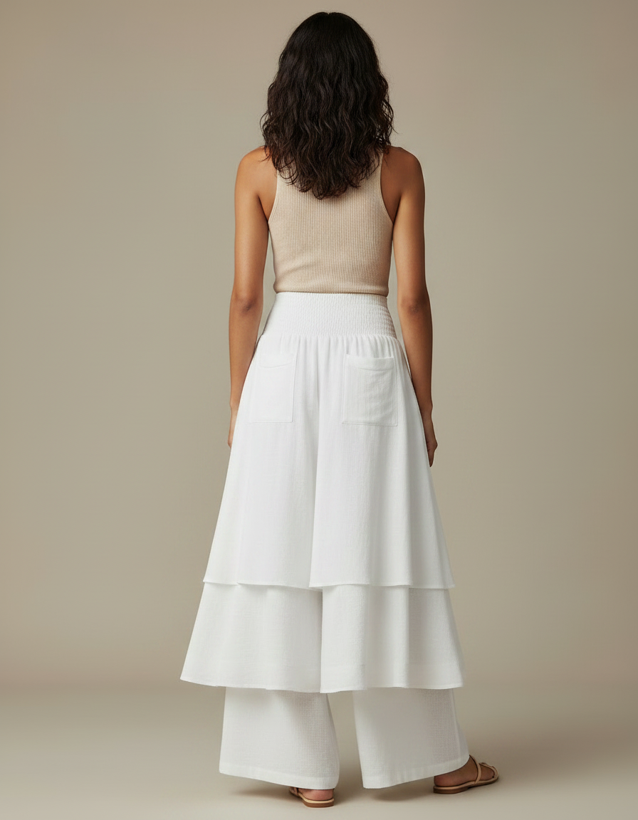 Pantalon Jupe Blanc Superposé Ample Fluide Décontracté - Lin - vue 2