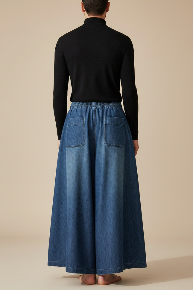 Pantalon Jupe Denim Ample Plissé Décontracté Homme - Bleu Jean - vue 2
