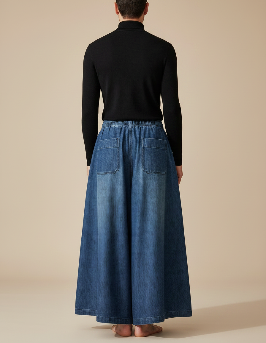 Pantalon Jupe Denim Ample Plissé Décontracté Homme - Bleu Jean - vue 2