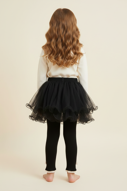 Pantalon Jupe Noir Tulle Ribbed Nœuds Fille - Maille - vue 2