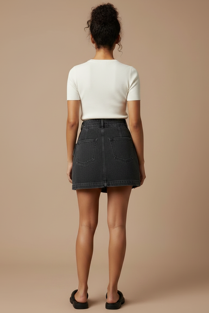 Pantalon Jupe Denim Noir Portefeuille Taille Haute - Jean - vue 2