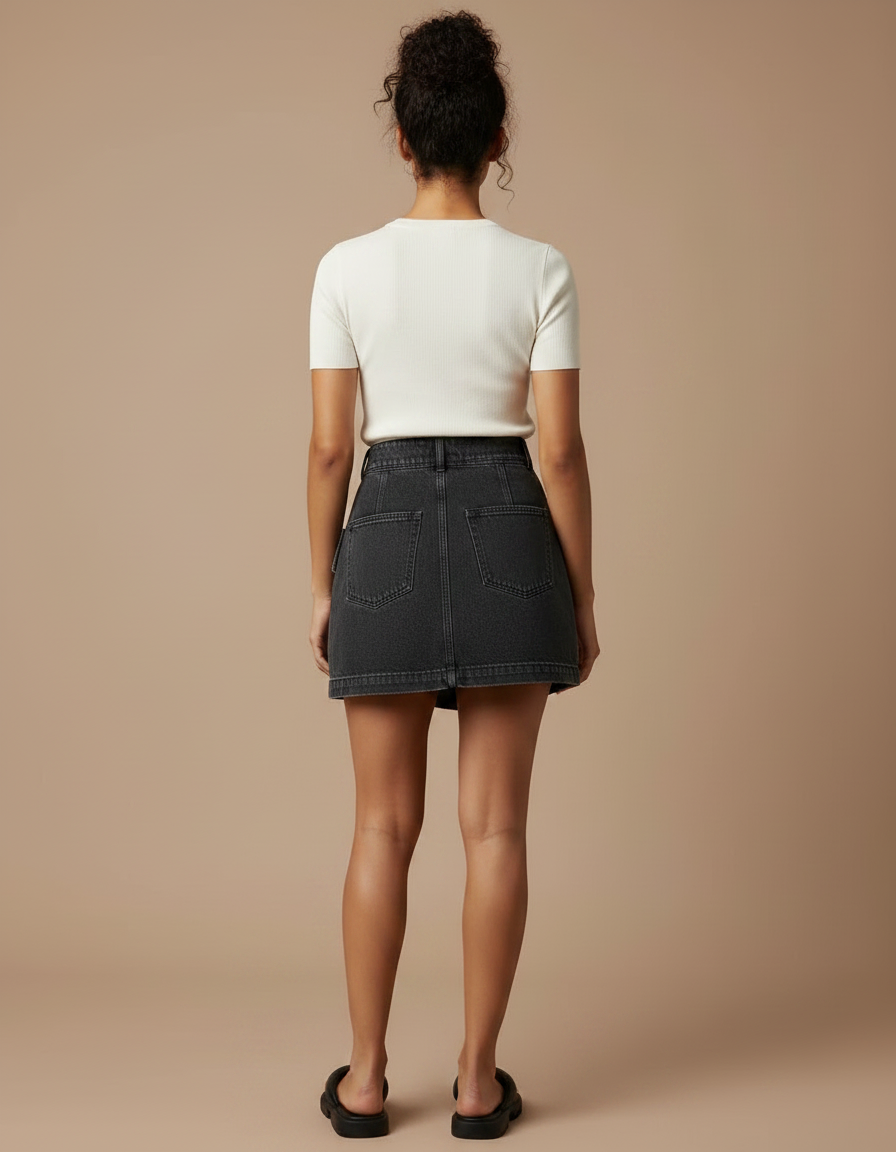Pantalon Jupe Denim Noir Portefeuille Taille Haute - Jean - vue 2