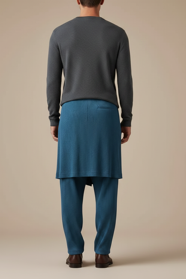 Pantalon Jupe Plissé Bleu Asymétrique Décontracté Homme - Polyester - vue 2