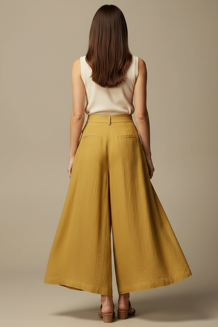 Pantalon Jupe Ample Lin Plissé Jaune Élégant - vue 2
