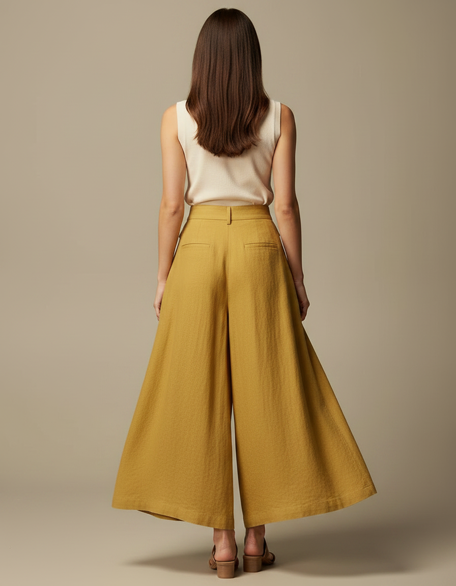 Pantalon Jupe Ample Lin Plissé Jaune Élégant - vue 2