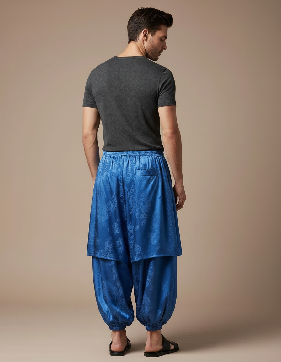 Pantalon Jupe Bleu Dragon Satiné Ample Harem - vue 2