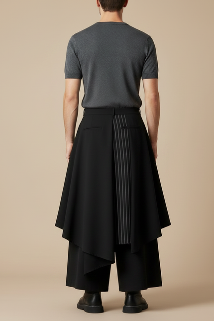 Pantalon Jupe Noir Asymétrique Superposé Pinstripe Élégant Homme - Polyester - vue 2