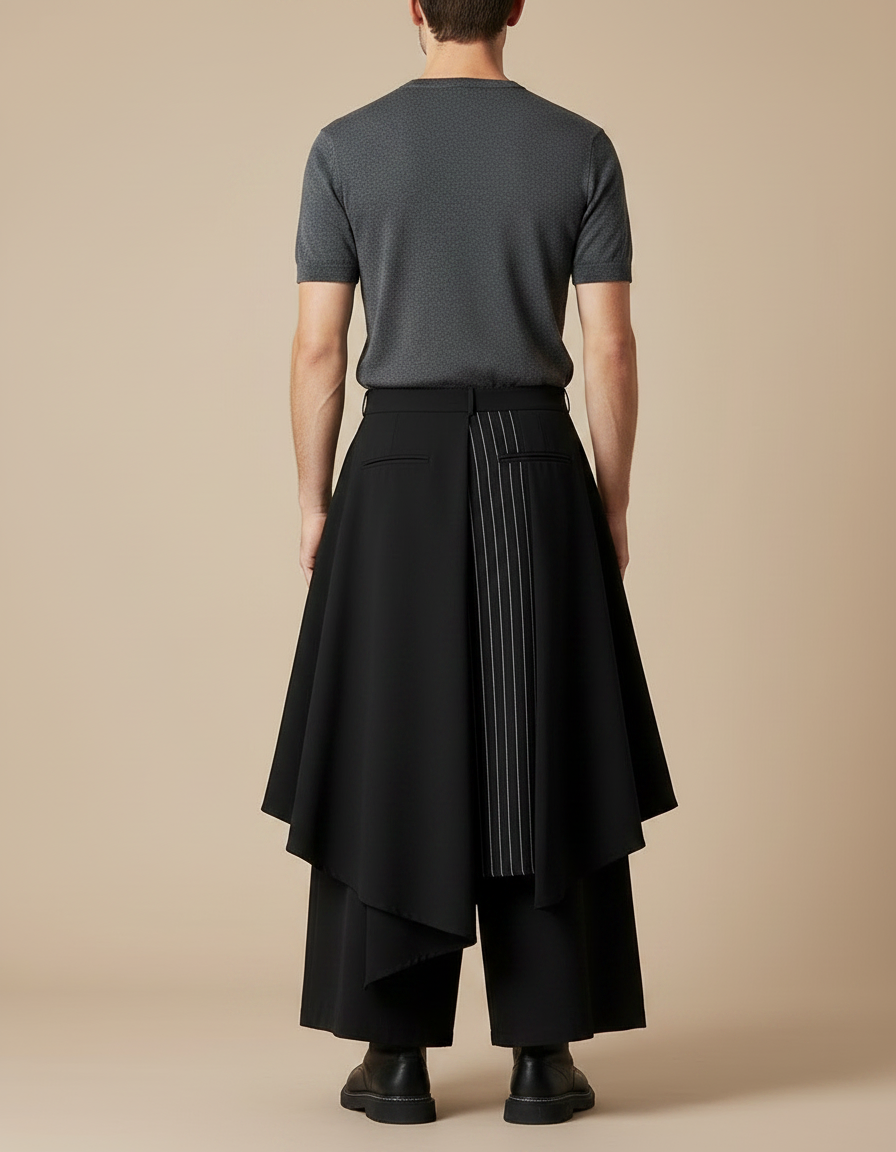 Pantalon Jupe Noir Asymétrique Superposé Pinstripe Élégant Homme - Polyester - vue 2