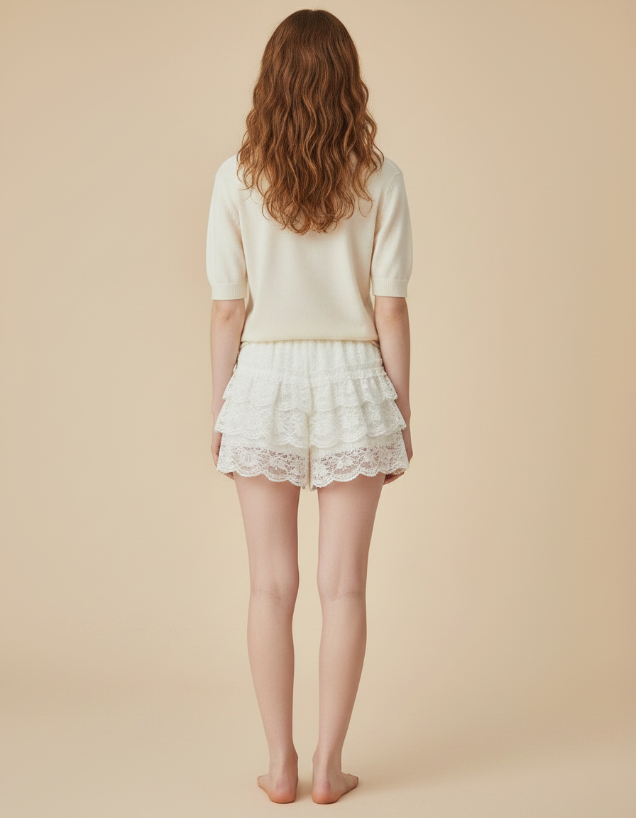 Pantalon Jupe Blanc Dentelle Volants Nœuds Lolita - Polyester - vue 2
