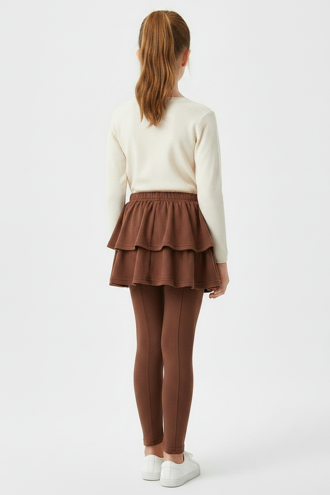 Pantalon Jupe Marron Superposé Volants Coton Confortable Fille - vue 2