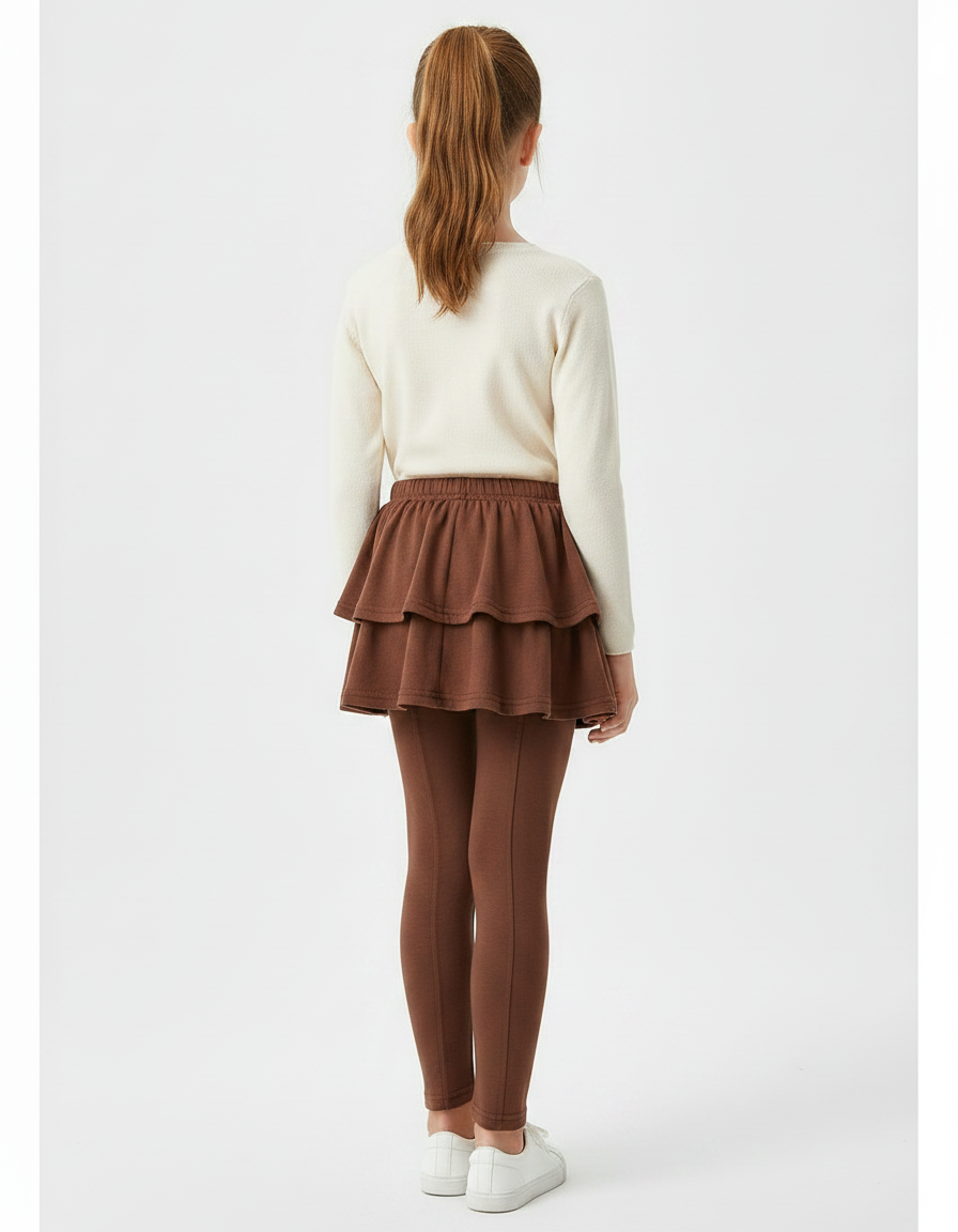 Pantalon Jupe Marron Superposé Volants Coton Confortable Fille - vue 2