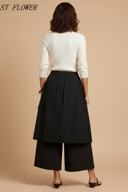Pantalon Jupe Noir Ample Coton Superposé Décontracté Femme - vue 2