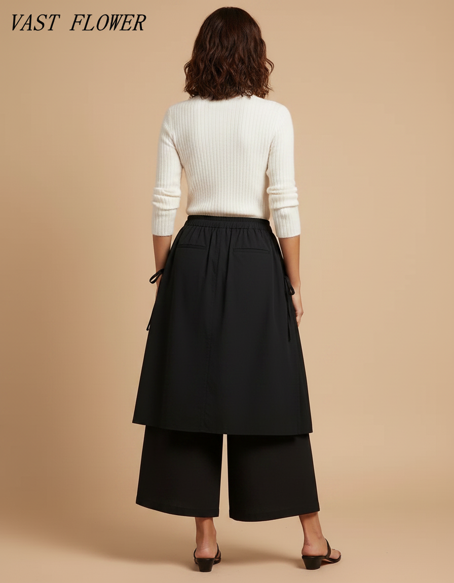 Pantalon Jupe Noir Ample Coton Superposé Décontracté Femme - vue 2