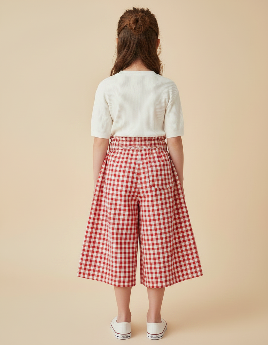 Pantalon Jupe Carreaux Rouge Ample Coton Fille - vue 2