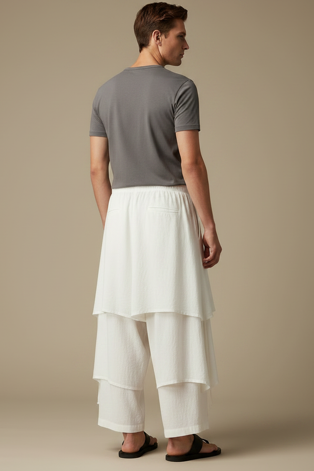 Pantalon Jupe Coton Lin Ample Superposé Homme - Blanc - vue 2