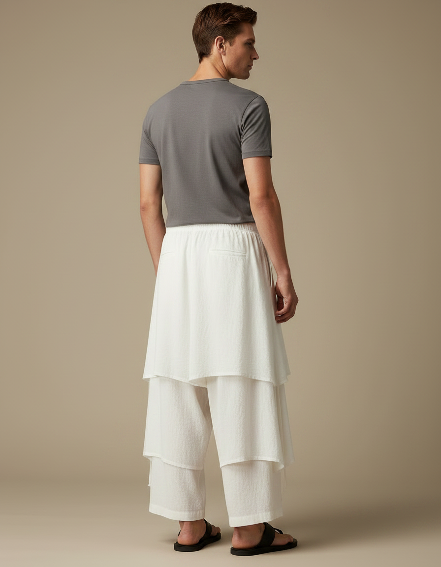 Pantalon Jupe Coton Lin Ample Superposé Homme - Blanc - vue 2