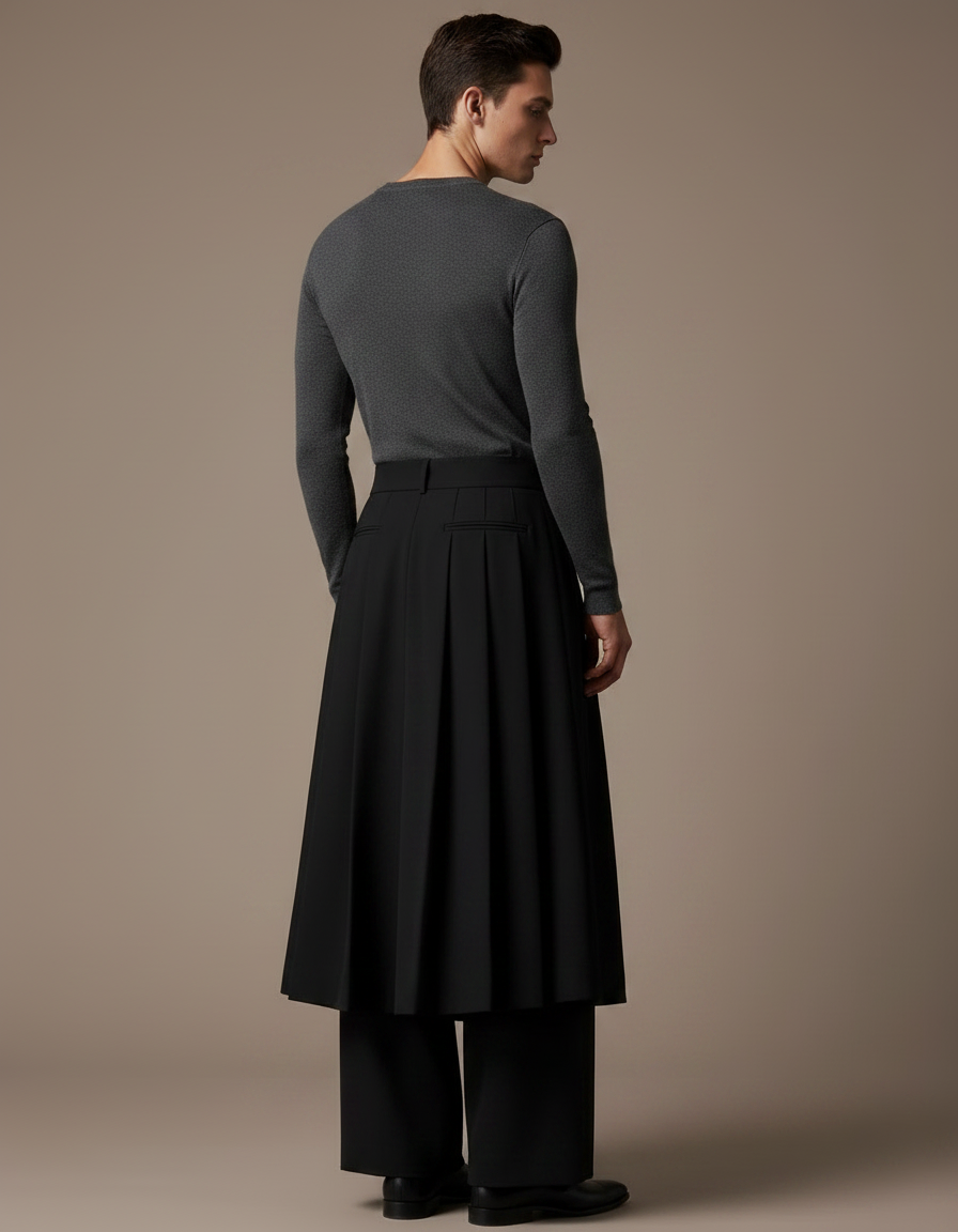 Pantalon Jupe Noir Plissé Ample Superposé Masculin - Polyester - vue 2