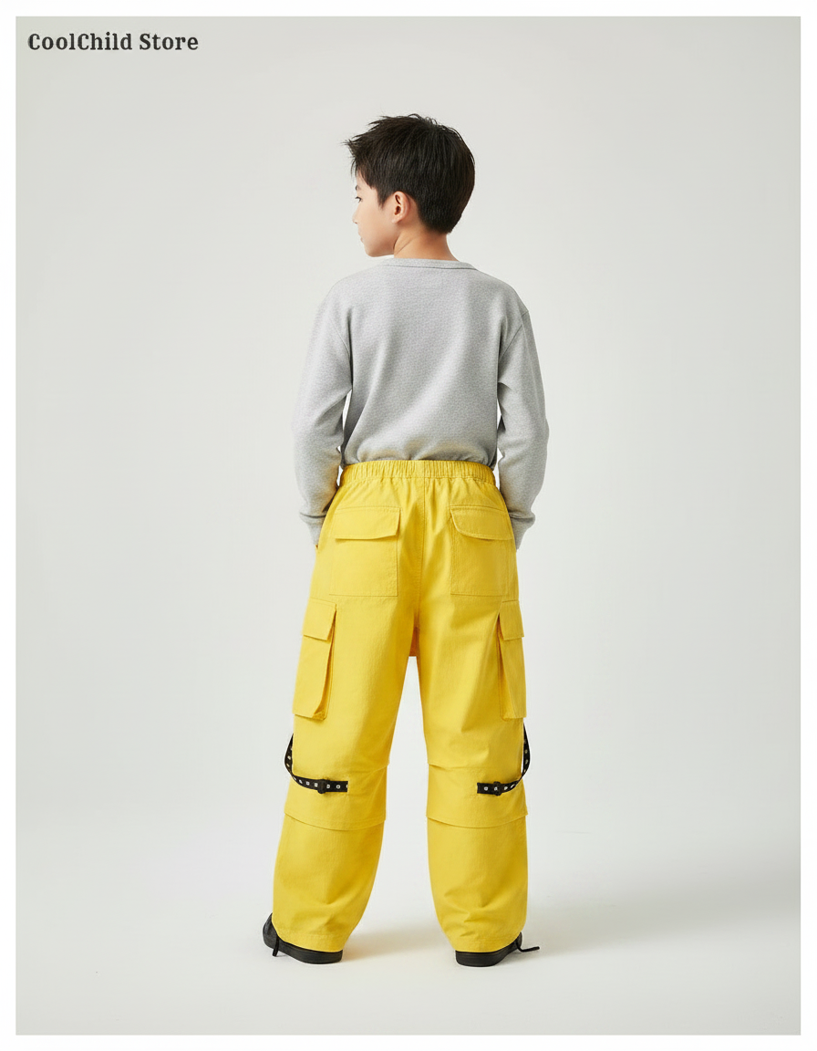 Pantalon Jupe Jaune Cargo Asymétrique Garçon Streetwear - Polyester - vue 2