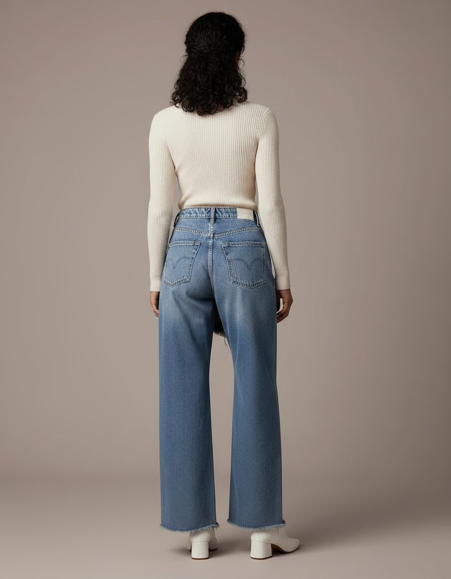 Pantalon Jupe Denim Bleu Droit Effiloché Déstructuré - Jean - vue 2
