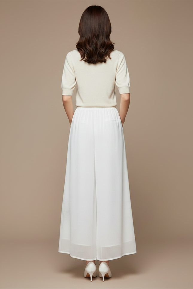 Pantalon Jupe Blanc Chiffon Brodé Floral Fluide Élégant - Polyester - vue 2