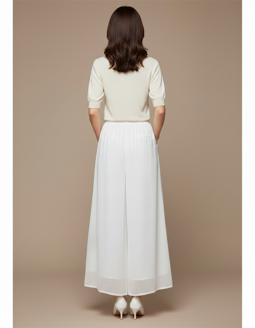 Pantalon Jupe Blanc Chiffon Brodé Floral Fluide Élégant - Polyester - vue 2
