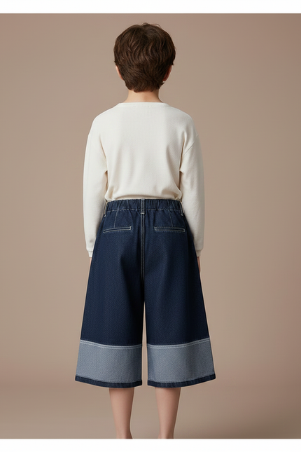 Pantalon Jupe Jean Bleu Large Patchwork Décontracté - Marine - vue 2