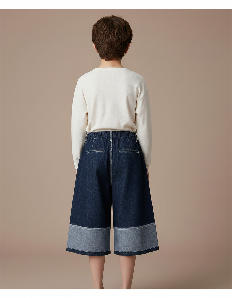 Pantalon Jupe Jean Bleu Large Patchwork Décontracté - Marine - vue 2