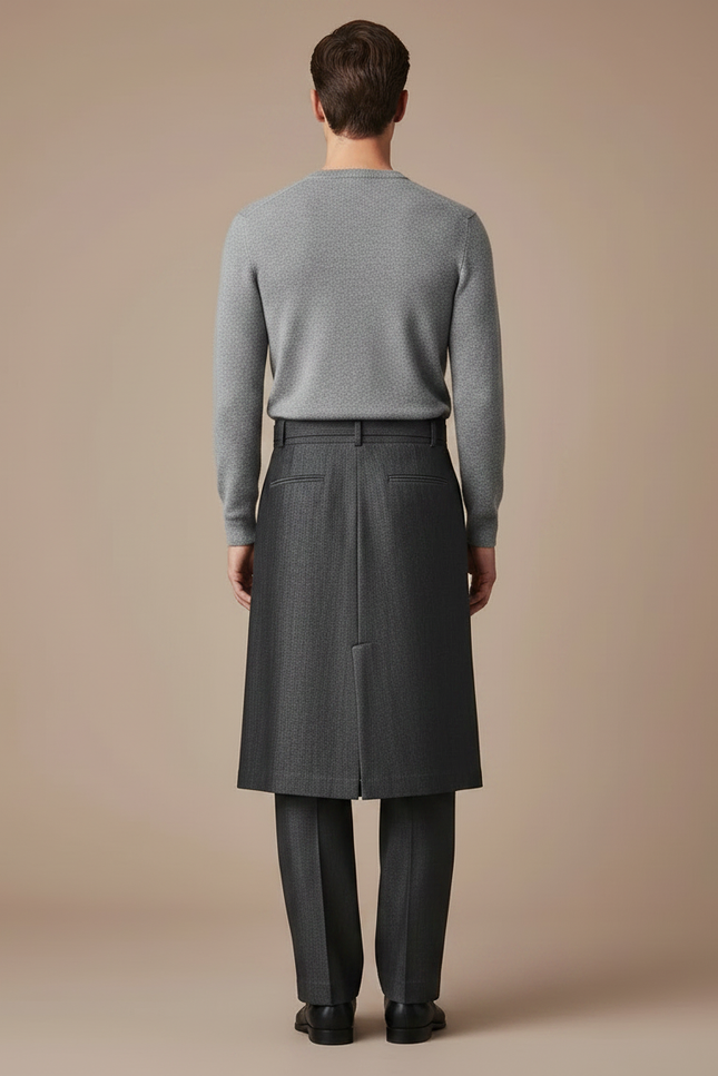 Pantalon Jupe Gris Plissé Homme Élégant Chic - Gabardine - vue 2