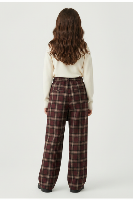 Pantalon Jupe Plaid Marron Ample Superposé Fille - Bordeaux Laine - vue 2