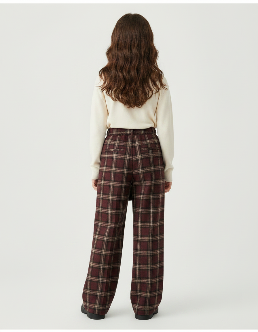 Pantalon Jupe Plaid Marron Ample Superposé Fille - Bordeaux Laine - vue 2
