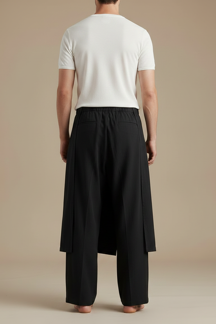 Pantalon Jupe Noir Ample Asymétrique Coton Lin - vue 2