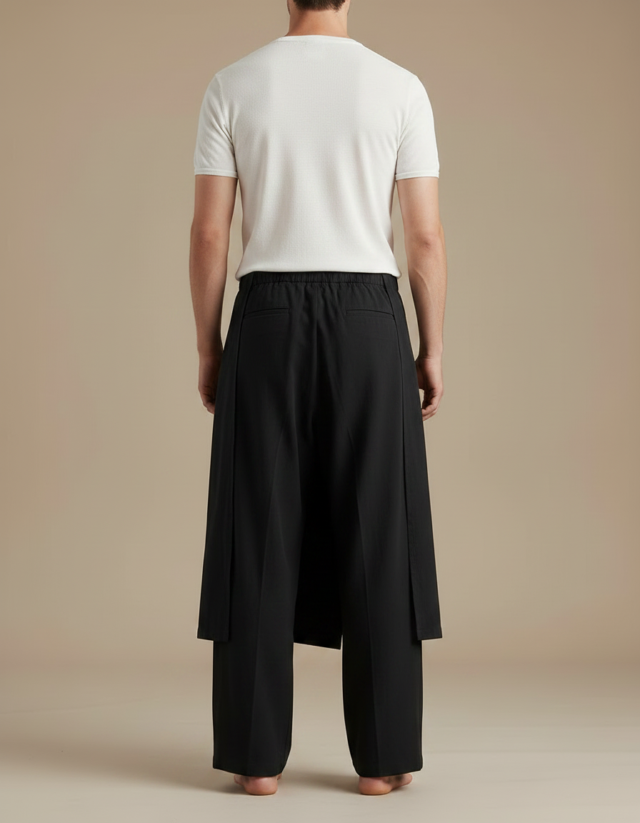 Pantalon Jupe Noir Ample Asymétrique Coton Lin - vue 2