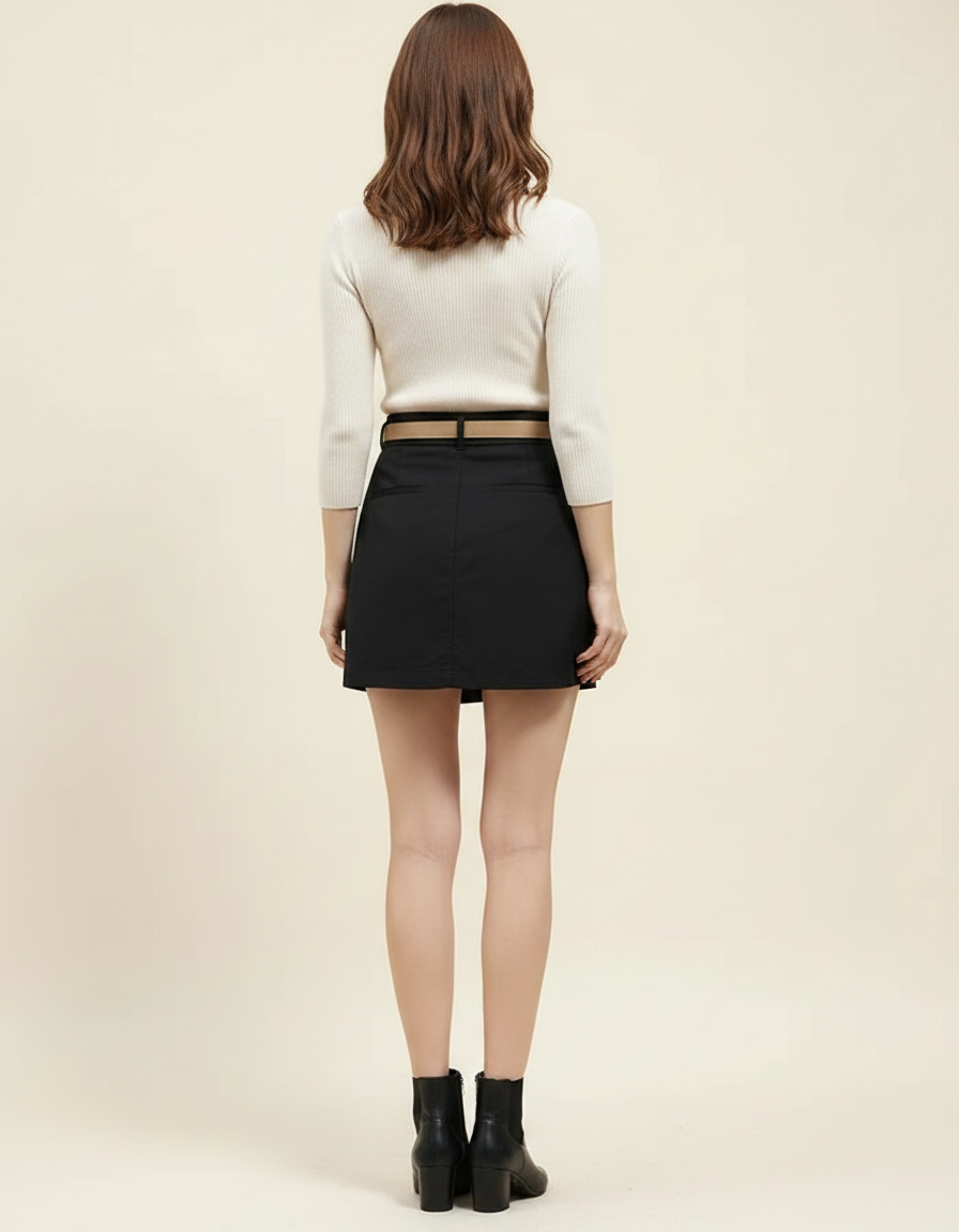 Pantalon Jupe Noir Boutons A-line Ceinturé Chic - Gabardine - vue 2