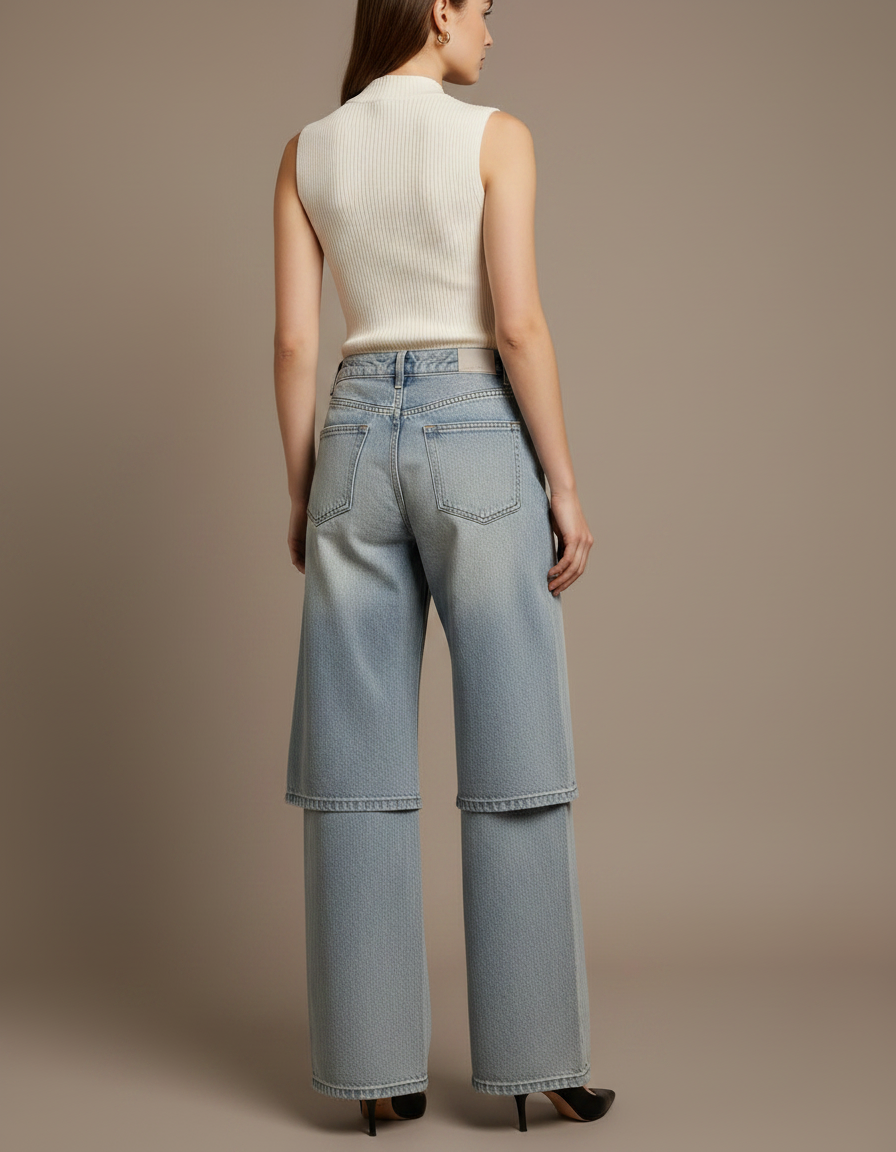 Pantalon Jupe Jean Bleu Clair Superposé Ample - vue 2