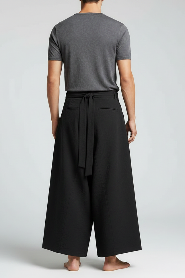 Pantalon Jupe Noir Ample Plissé Décontracté Homme Coton - vue 2