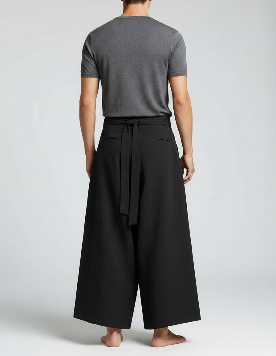 Pantalon Jupe Noir Ample Plissé Décontracté Homme Coton - vue 2