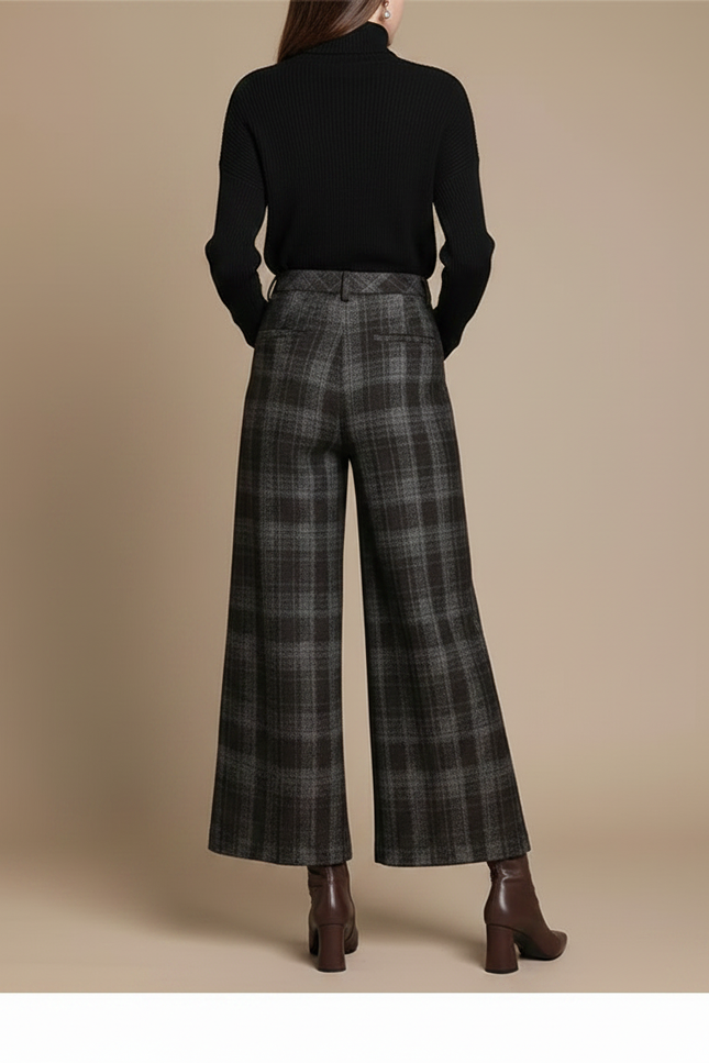 Pantalon Jupe Carreaux Laine Ample Évasé Élégant Femme - Gris - vue 2