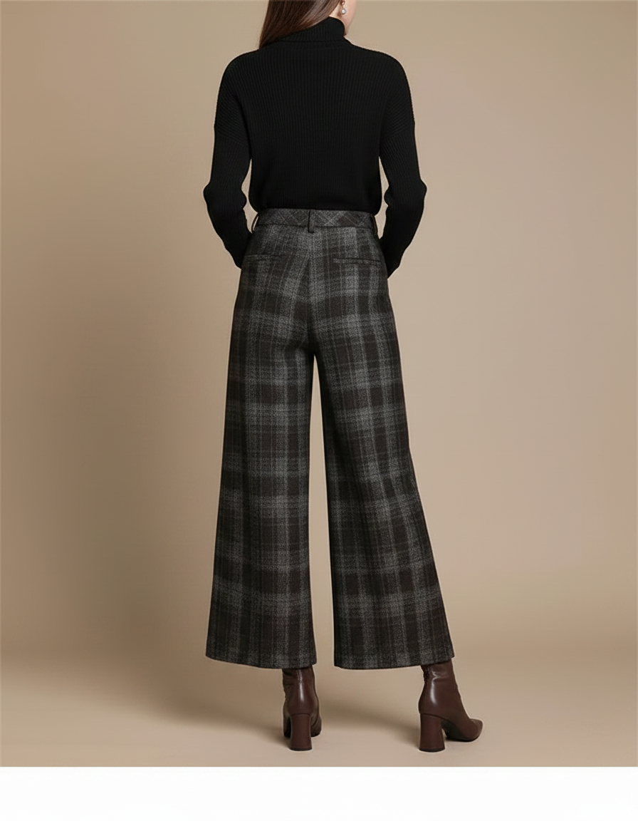 Pantalon Jupe Carreaux Laine Ample Évasé Élégant Femme - Gris - vue 2
