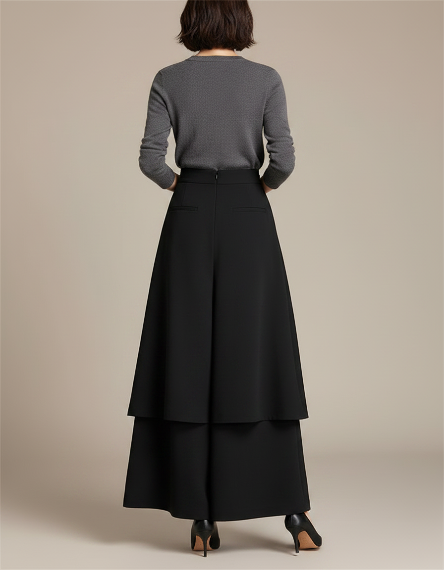 Pantalon Jupe Noir Ample Superposé Plissé Femme - Polyester - vue 2
