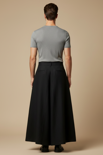 Pantalon Jupe Noir Plissé Ample Coton Lin - vue 2