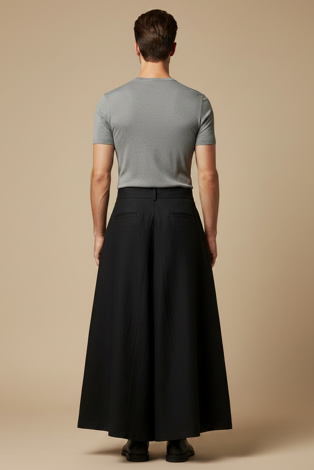 Pantalon Jupe Noir Plissé Ample Coton Lin - vue 2
