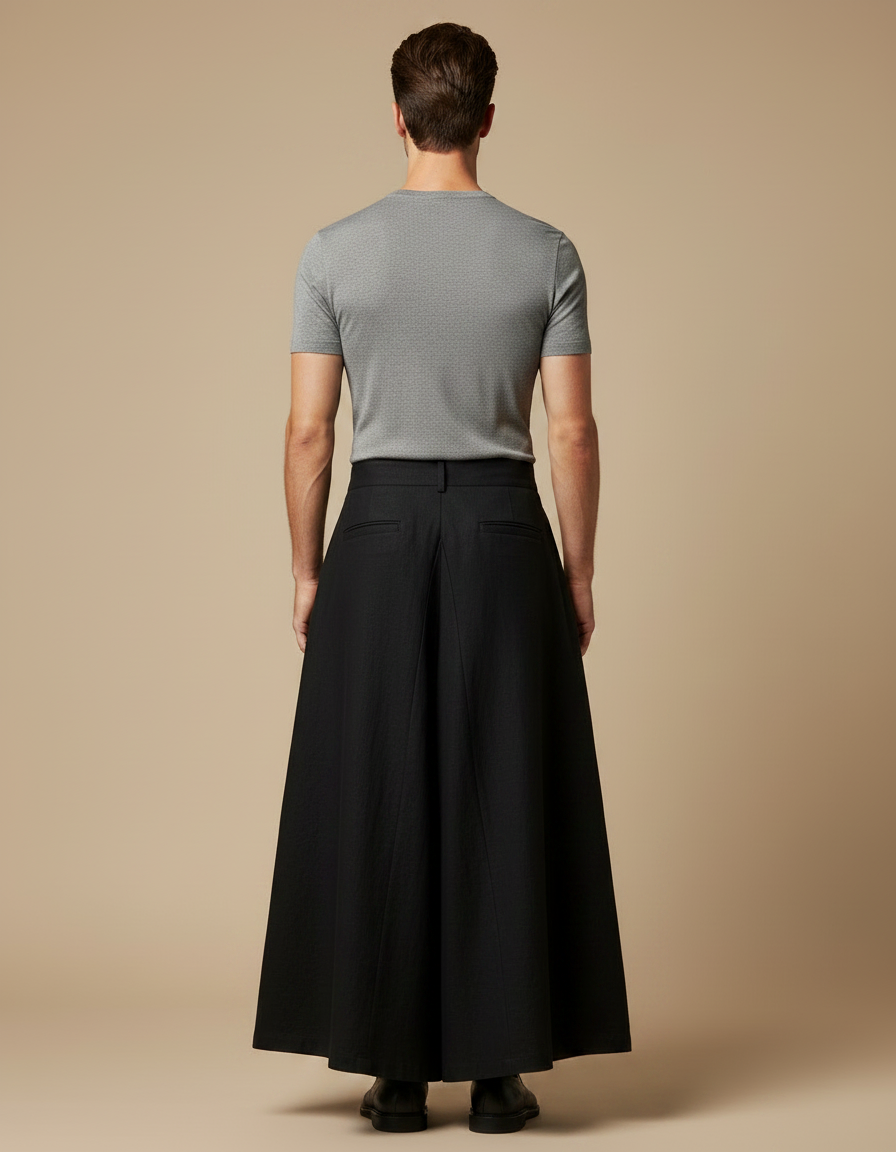 Pantalon Jupe Noir Plissé Ample Coton Lin - vue 2